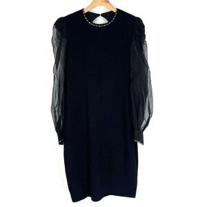 St John Evening Dress Size 12 Black Knit Open Back Puff Sheer Sleeve Rhinestone